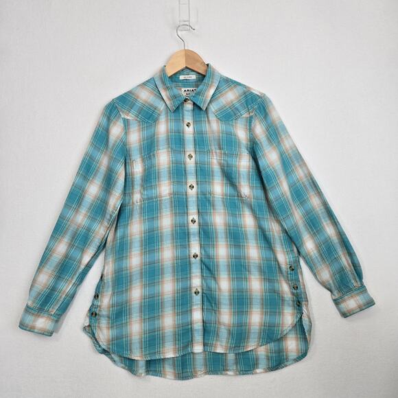 Ariat Real Billie Ray Shirt M Turquoise Plaid Button Down Relaxed Long Sleeve - Picture 14 of 14